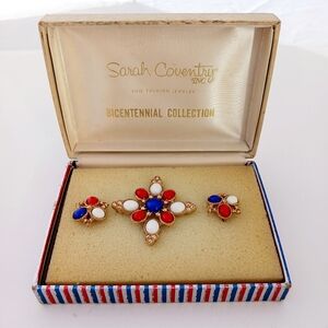 Americana Set Bicentennial Maltese Cross Brooch Earrings Gold Red White Blue D&E